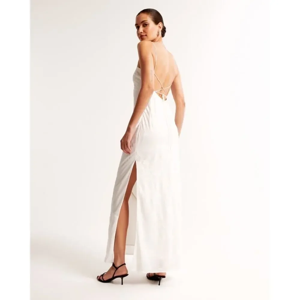 Abercrombie & Fitch Women's Julia Slip Satin Jacquard White Maxi Dress, Size MP